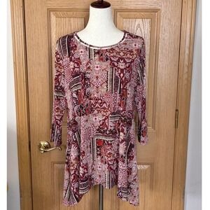 Chico's Womens Size‎ 1 M Burgundy Medallion Patchwork Beaded Sharkbite Tunic Top